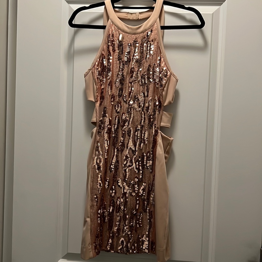 BEBE Rose Gold Mini Dress